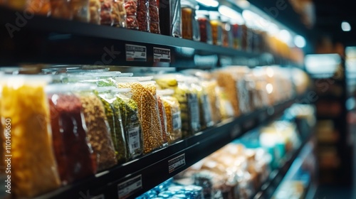 Supermarket shelves with assorted packaged goods photo