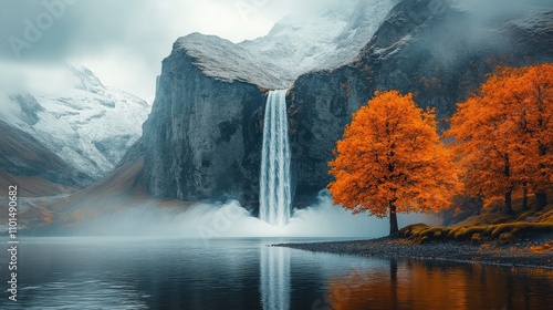 A serene landscape featuring a waterfall, vibrant autumn trees, and misty mountains.