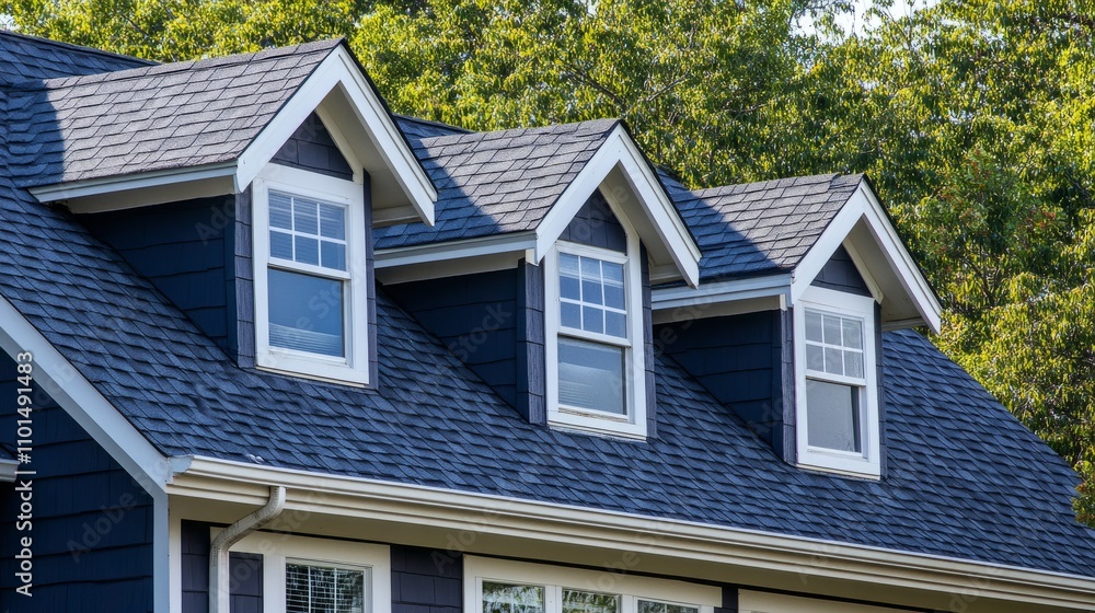 A picturesque view of dormer windows on a sloped shingle roof, surrounded by pristine architecture and vibrant landscaping A picturesque view of dormer windows on a sloped shingle roof, surrounded by pristine architecture and vibrant landscaping