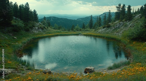 A serene pond surrounded by greenery and wildflowers under a cloudy sky.