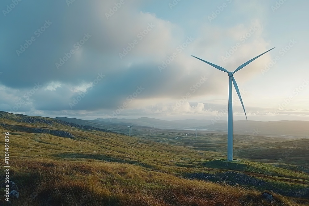Wind turbine in sunset light over rolling hills Wind turbine in sunset light over rolling hills