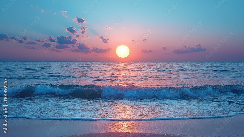 Obraz premium A serene sunset over the ocean, casting a colorful glow on the water and sky.