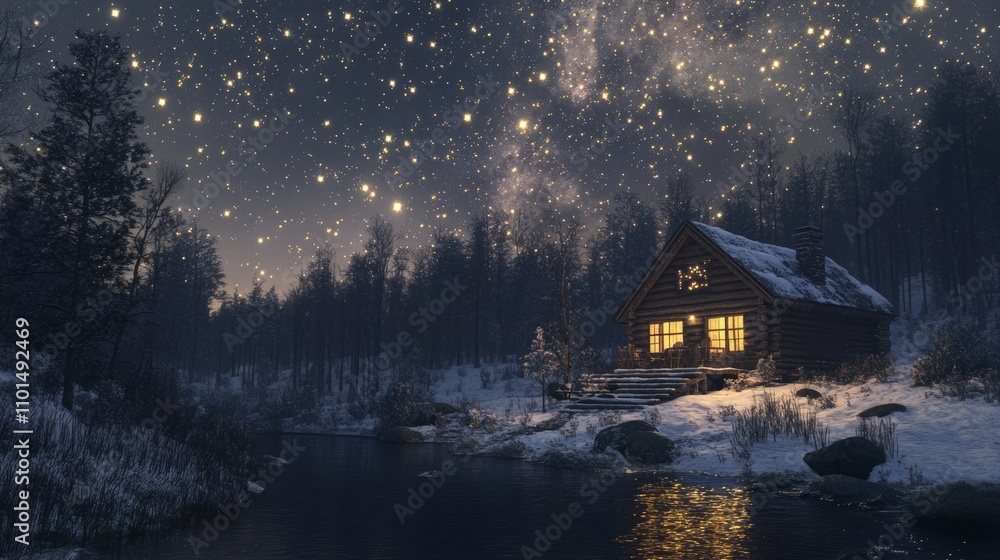 Obraz premium Cozy log cabin nestled in snowy winter forest under a starry night sky.