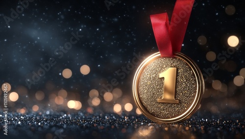 Medal on a red ribbon for first place on a black background with confetti. Medal for sports competitions. Copy space