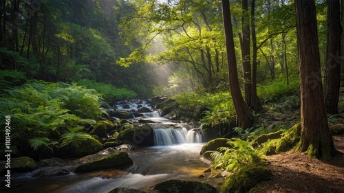 A small waterfall in a forest with sunlight shining through