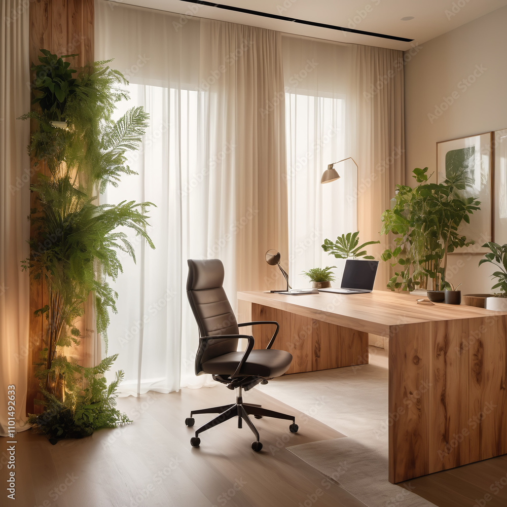 serene office space with natural wood textures, soft greenery and warm, peaceful working environment serene office space with natural wood textures, soft greenery and warm, peaceful working environment