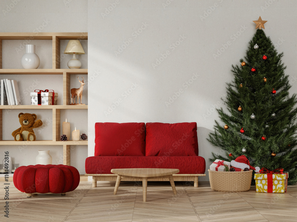 Obraz premium Festive Minimalist Living Room with Christmas Tree 3D Render