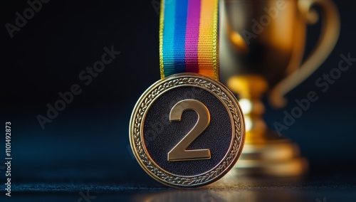 Medal on a ribbon for second place on a black background with confetti. Medal for sports competitions. Copy space photo