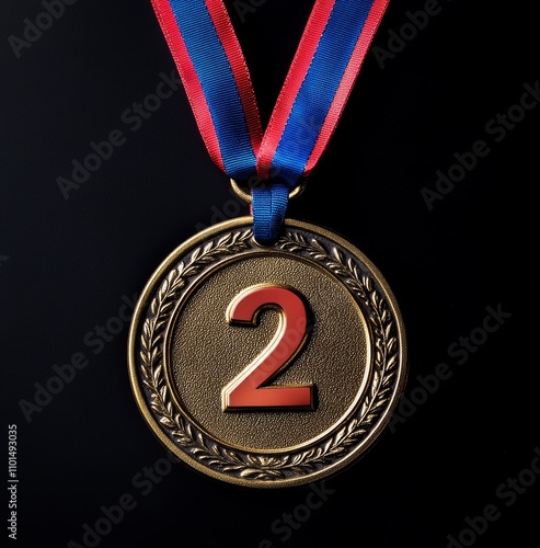 Medal on a ribbon for second place on a black background with confetti. Medal for sports competitions. Copy space photo