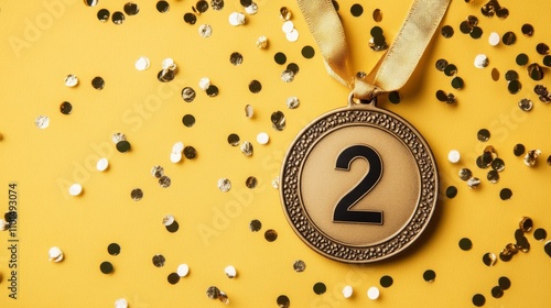 Medal on a ribbon for second place on a yellow background with confetti. Medal for sports competitions. Copy space	
 photo