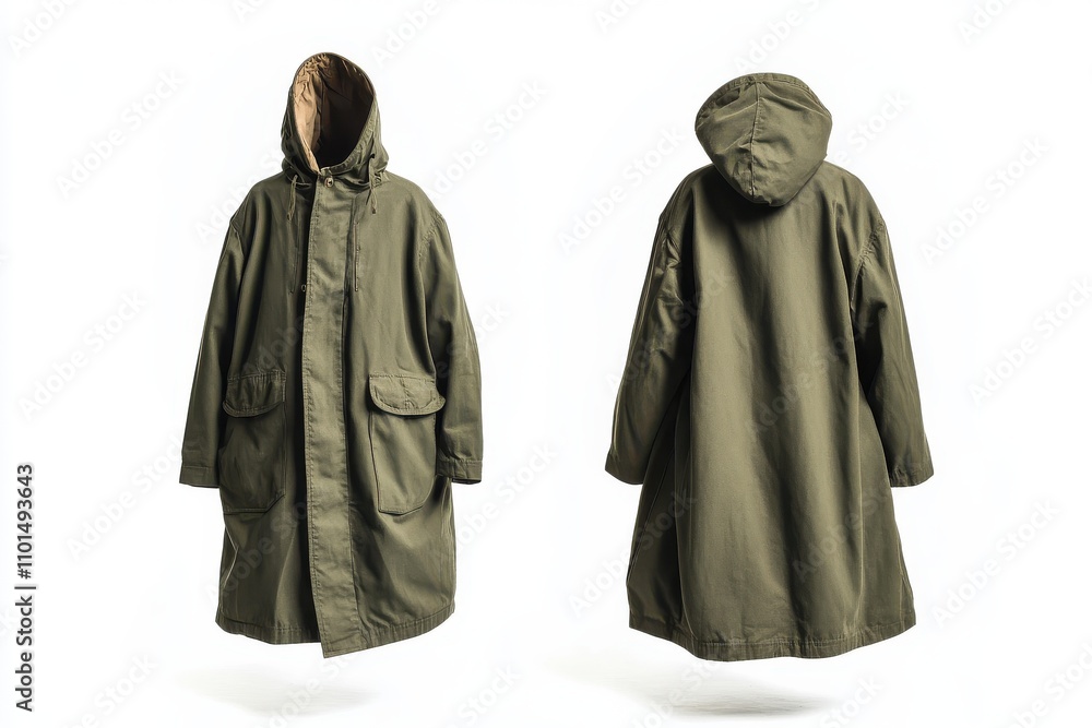 Green parka coat front and back view on white background, ideal for winter fashion branding and outerwear mockups Green parka coat front and back view on white background, ideal for winter fashion branding and outerwear mockups