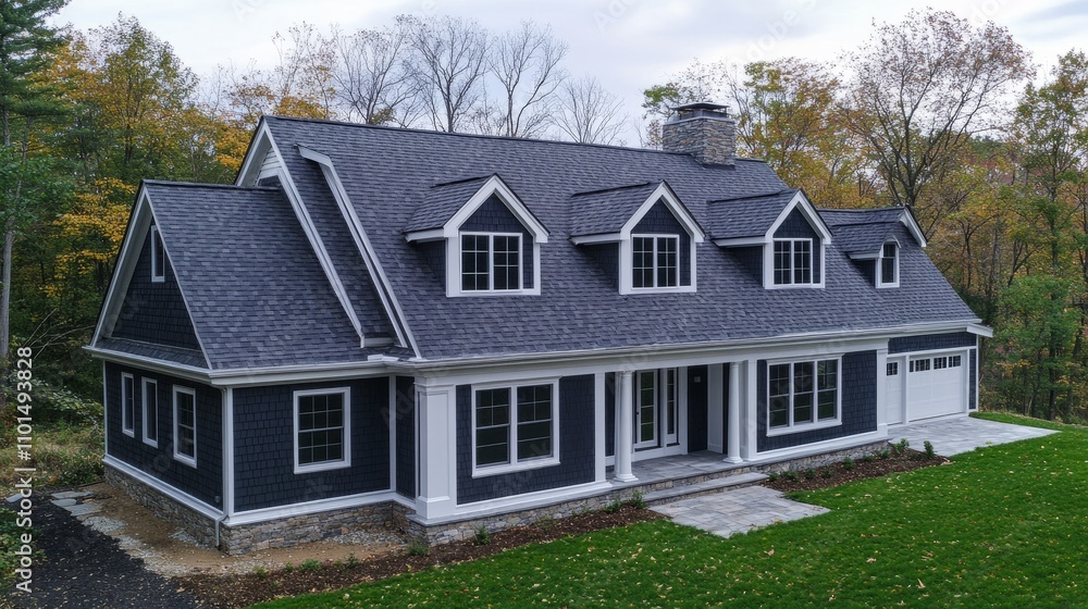 Elegant dormer windows framed with white trim on a sloped roof with fresh, dark shingles of a newly constructed home