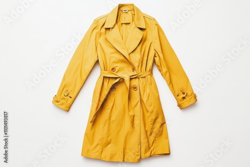 Yellow women’s trench coat front view on white background, ideal for seasonal branding and retail promotions