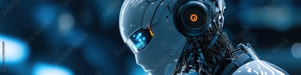 Fototapeta premium Futuristic robot with glowing eye, intricate details.