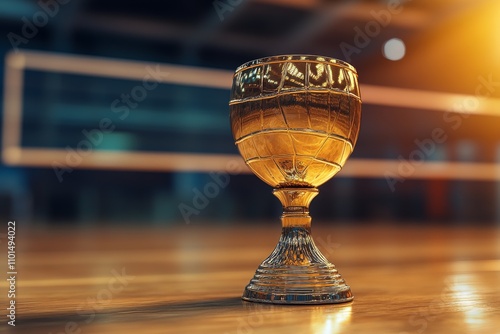 A large volleyball cup stands on the grass against the background of a volleyball field. Sports background for fans of ball games.