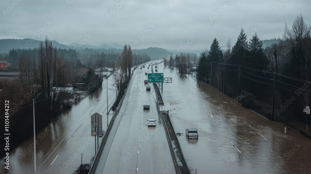A highway covered in floodwater, traffic signs barely visible above water, stranded vehicles, overcast skies, A highway covered in floodwater, traffic signs barely visible above water, stranded vehicles, overcast skies,
