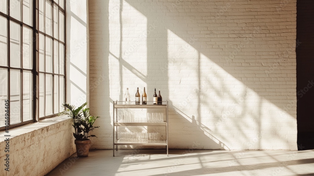 Obraz premium Minimalist bar cart with sleek shelves standing beside a large window in a sunlit, empty modern room