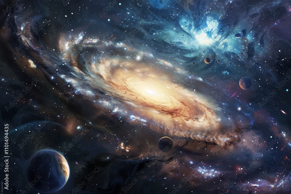 Fototapeta premium Colorful spiral galaxy with glowing center and multiple planets