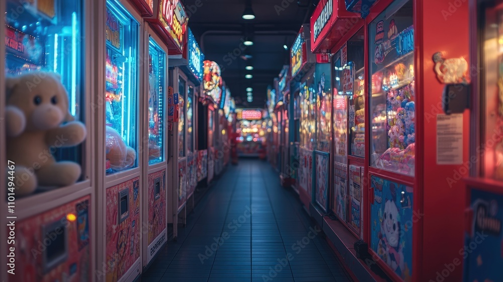 Fototapeta premium A vibrant arcade corridor filled with claw machines and plush toys, inviting playful interaction.