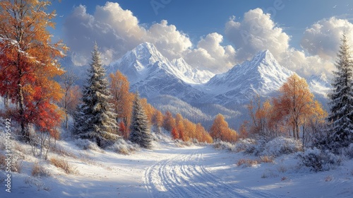 A serene winter landscape with snow-covered mountains and colorful autumn trees.