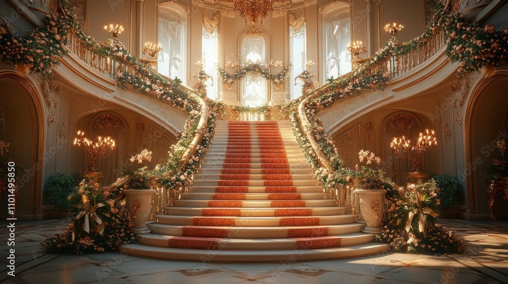 Obraz premium Grand staircase in a luxurious palace decorated for Christmas.