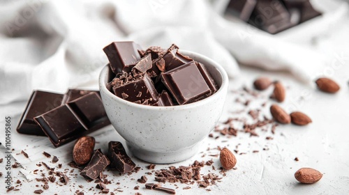 Dark chocolate chunks in a ceramic bowl with almonds photo