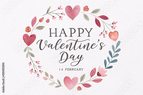 Happy Valentine's Day: Watercolor Heart Wreath on White Canvas