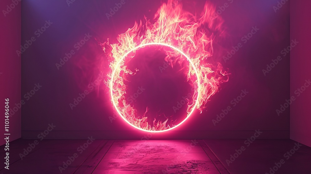Obraz premium Fiery pink circle of light illuminates a dark room. Abstract art.