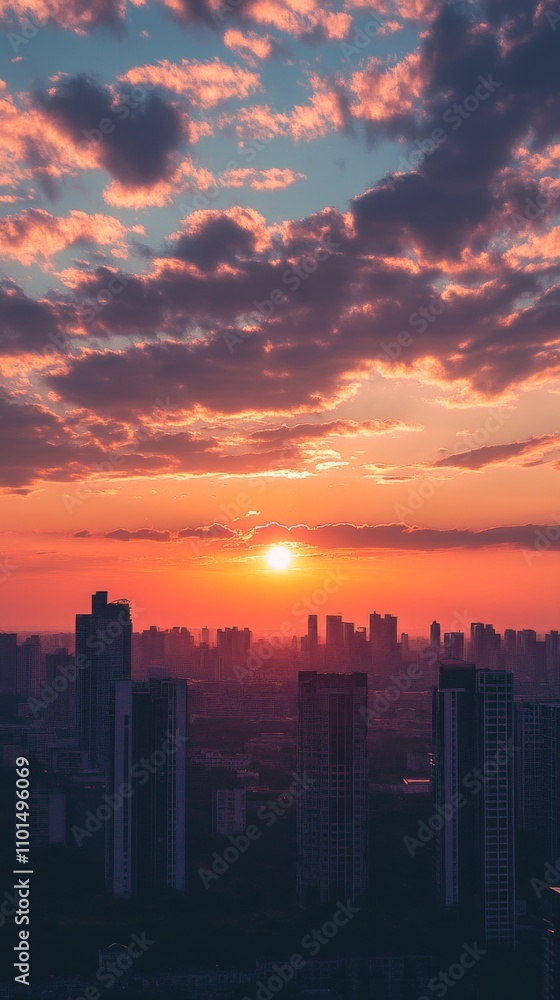 Obraz premium Sunset Over City Skyline with Skyscrapers