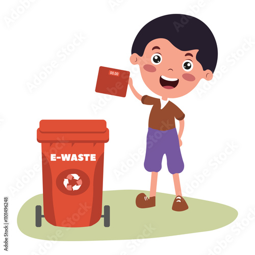 Child happily disposing of e-waste in recycling bin at home