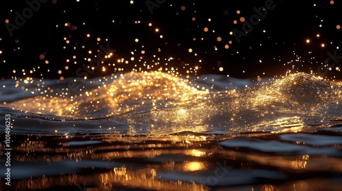 A shimmering water surface illuminated by golden particles, creating a magical atmosphere.
