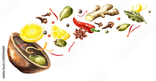 Spices in the bowl. Watercolor hand painted illustration, isolated on white background photo