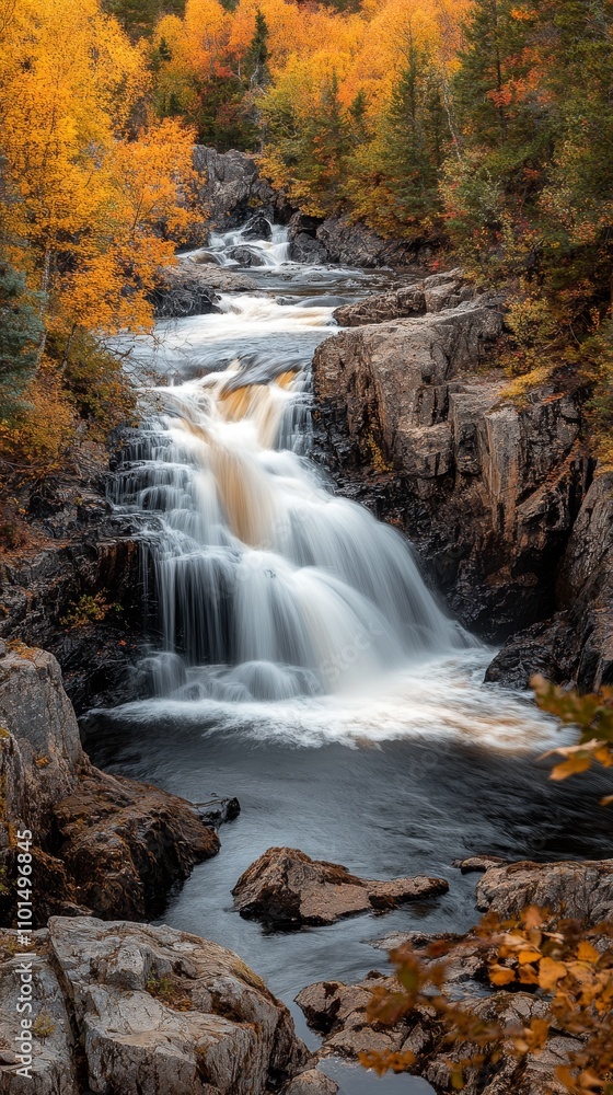 Serene Waterfall Flowing Gently Through Autumn Landscape Serene Waterfall Flowing Gently Through Autumn Landscape