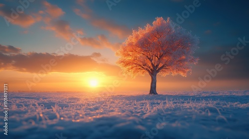 A solitary tree with frosty branches against a colorful sunset over a snowy landscape.