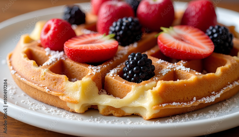 Delicious and fluffy waffle topped with fresh berries and a sprinkle of powdered sugar served on a rustic wooden table Delicious and fluffy waffle topped with fresh berries and a sprinkle of powdered sugar served on a rustic wooden table