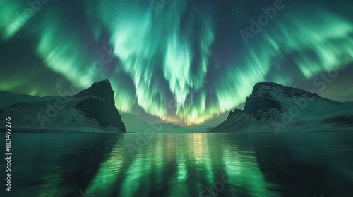A stunning display of the northern lights illuminating a serene landscape and calm water.