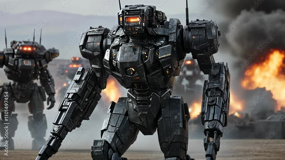 Giant robots engage in battle amidst fiery explosions in a futuristic warzone Giant robots engage in battle amidst fiery explosions in a futuristic warzone