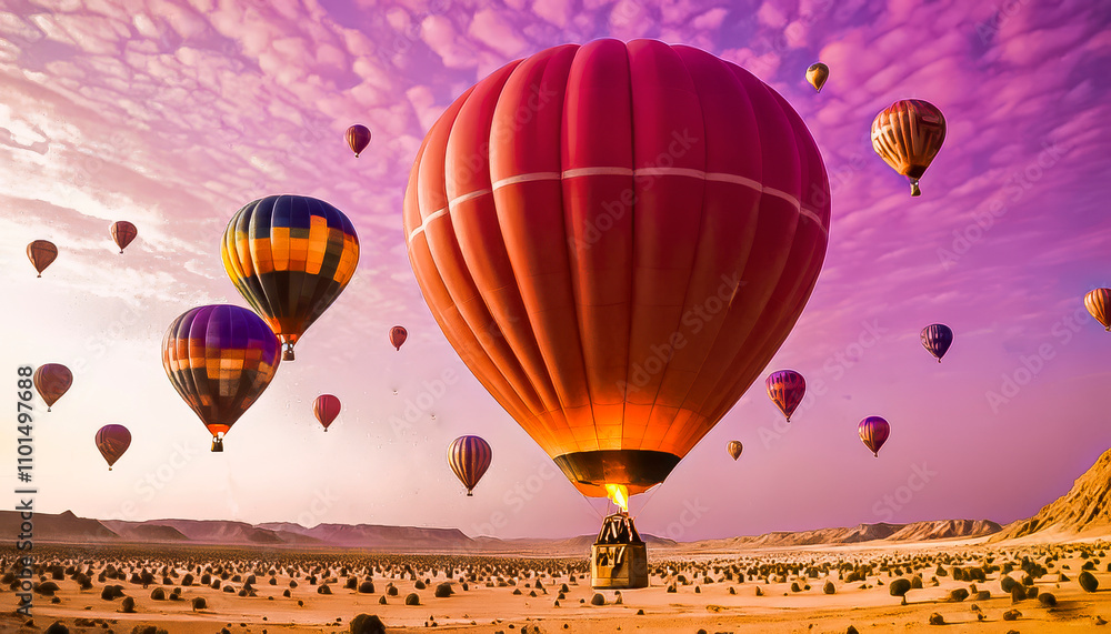 Obraz premium Flying over egyptian desert on hot air balloon. Amazing place and popular tourist attraction