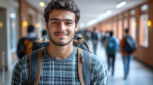 A smiling young man with a backpack in a school hallway surrounded by students.