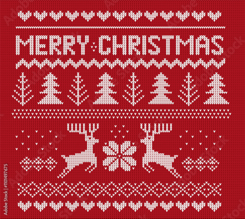 Christmas winter pattern print. Set of holidays element for jersey or t-shirt. Pixel deers, snowflake, hearts, zigzag ornament and christmas trees. Vector illustration.