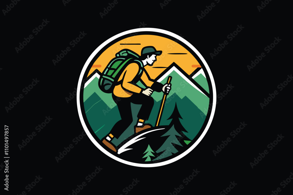 Fototapeta premium Hiking Adventure Badge with Backpacker, Mountain, Pine Trees, and Sunset, vector illustration