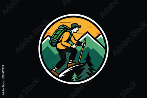 Hiking Adventure Badge with Backpacker, Mountain, Pine Trees, and Sunset, vector illustration
