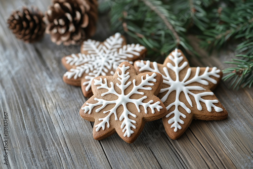 Festive gingerbread cookies, snowflake shapes, holiday decoration with pinecones and fir branches on wooden table.