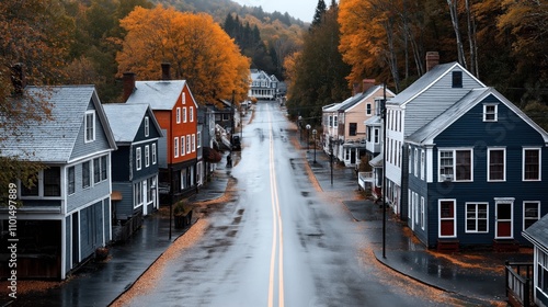 Fototapeta Naklejka Na Ścianę i Meble -  Quaint street in autumn with colorful colonial-style houses and orange foliage, wet pavement, and a misty backdrop in a cozy small town setting.