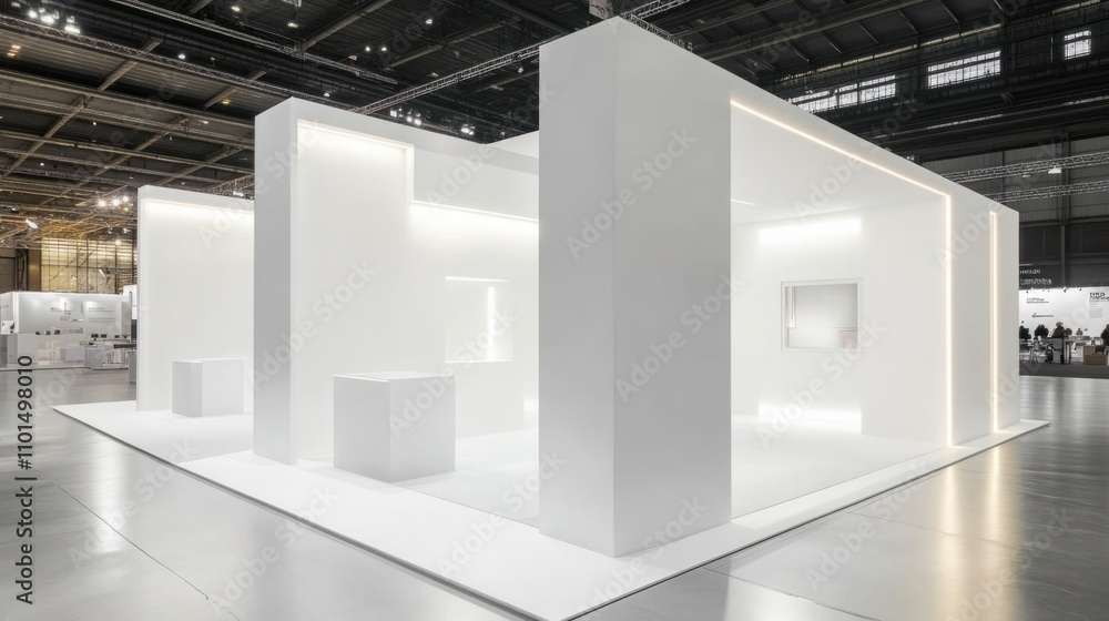 Fototapeta premium Empty white exhibition booth with simple design, open space, and blank walls