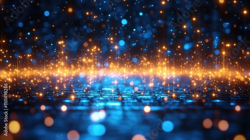 A vibrant abstract background with glowing particles and light effects.