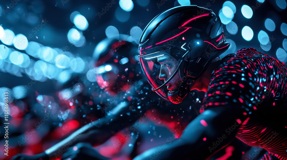 Futuristic sports event with athletes in high tech helmets and vibrant lights Futuristic sports event with athletes in high tech helmets and vibrant lights