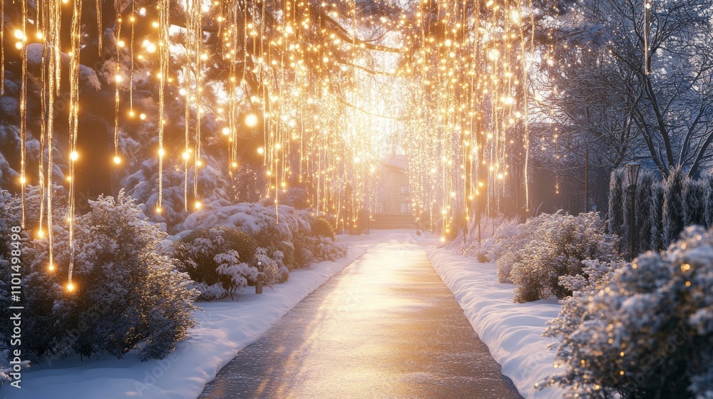 Magical winter pathway with glowing lights and snow-covered trees. Magical winter pathway with glowing lights and snow-covered trees.