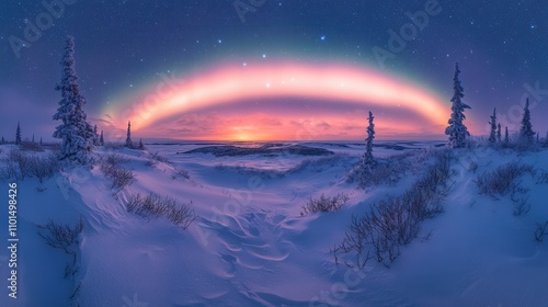 A stunning winter landscape featuring a colorful aurora over a snowy terrain.