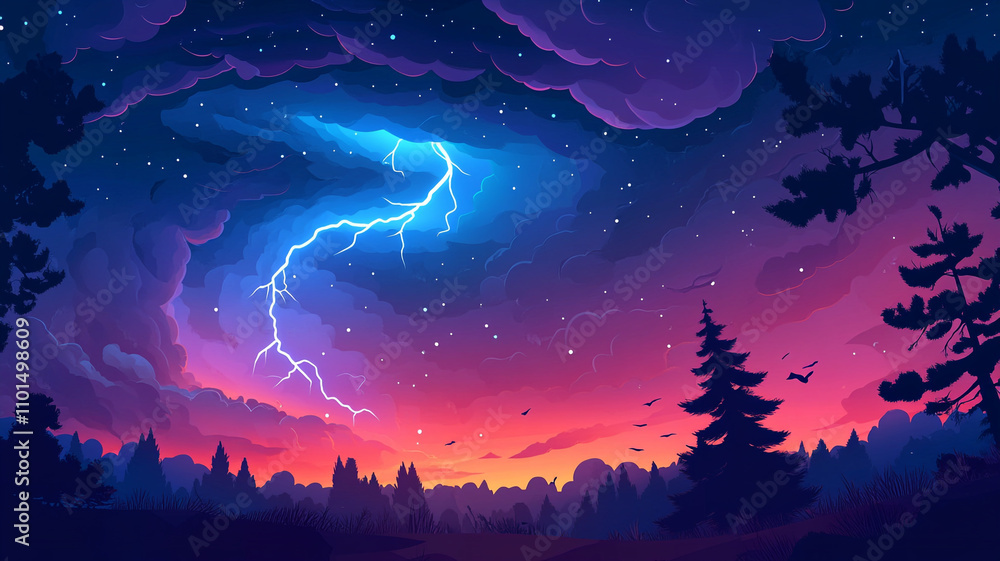 Fototapeta premium Dramatic stormy sky with vibrant colors and lightning striking at twilight